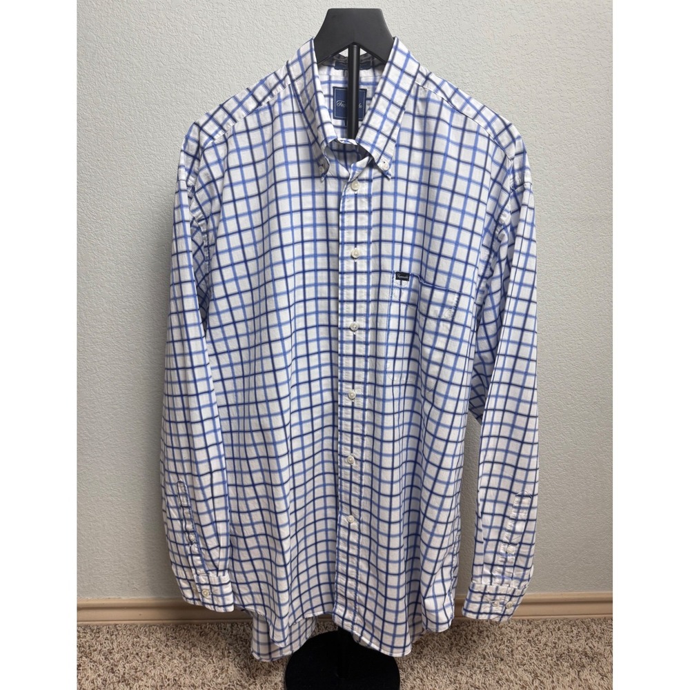 Faconnable Mens Blue White Grid Check Cotton Button Down Shirt Made in USA XL